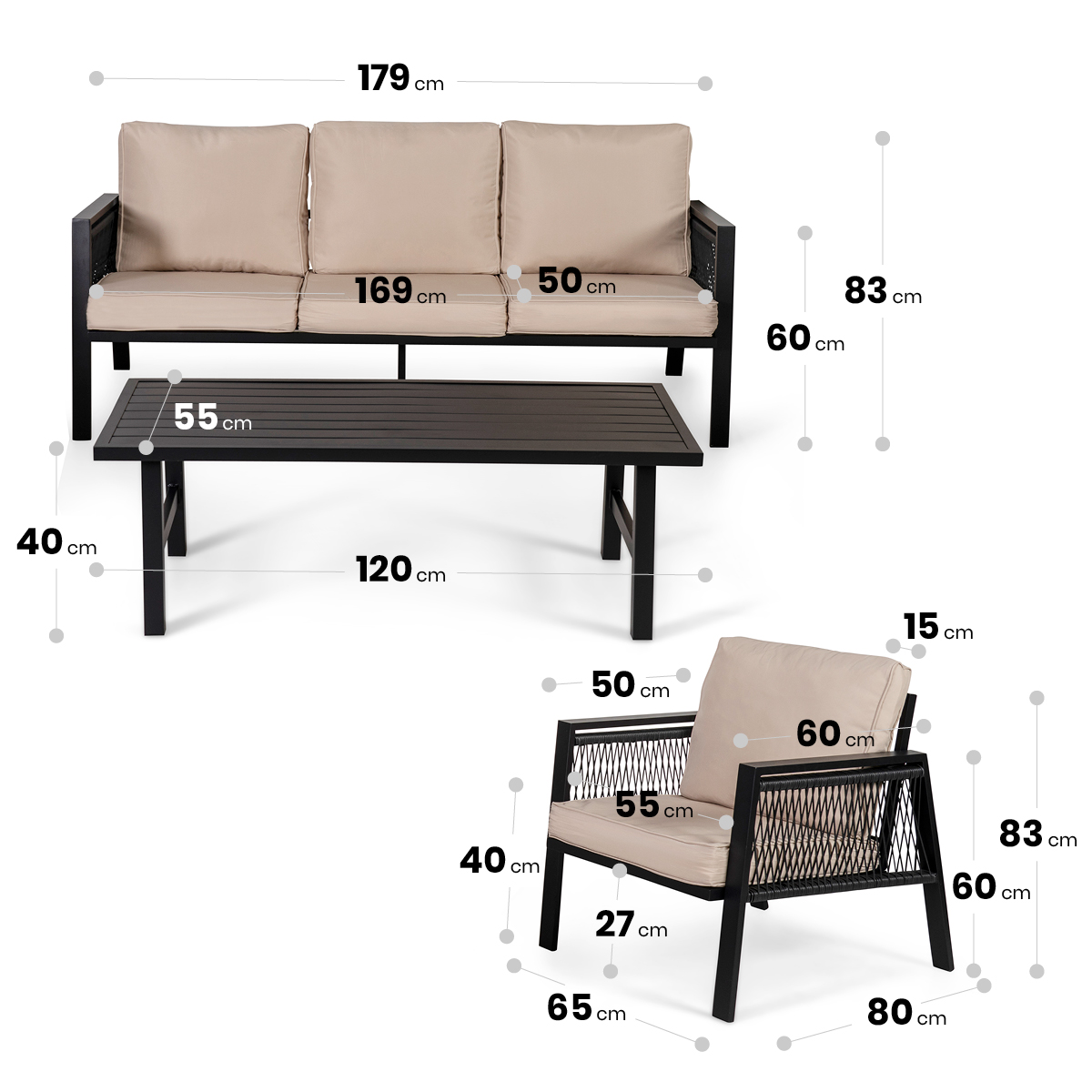 Set da esterno in metallo e Rattan nero Tunisi - immagine 7