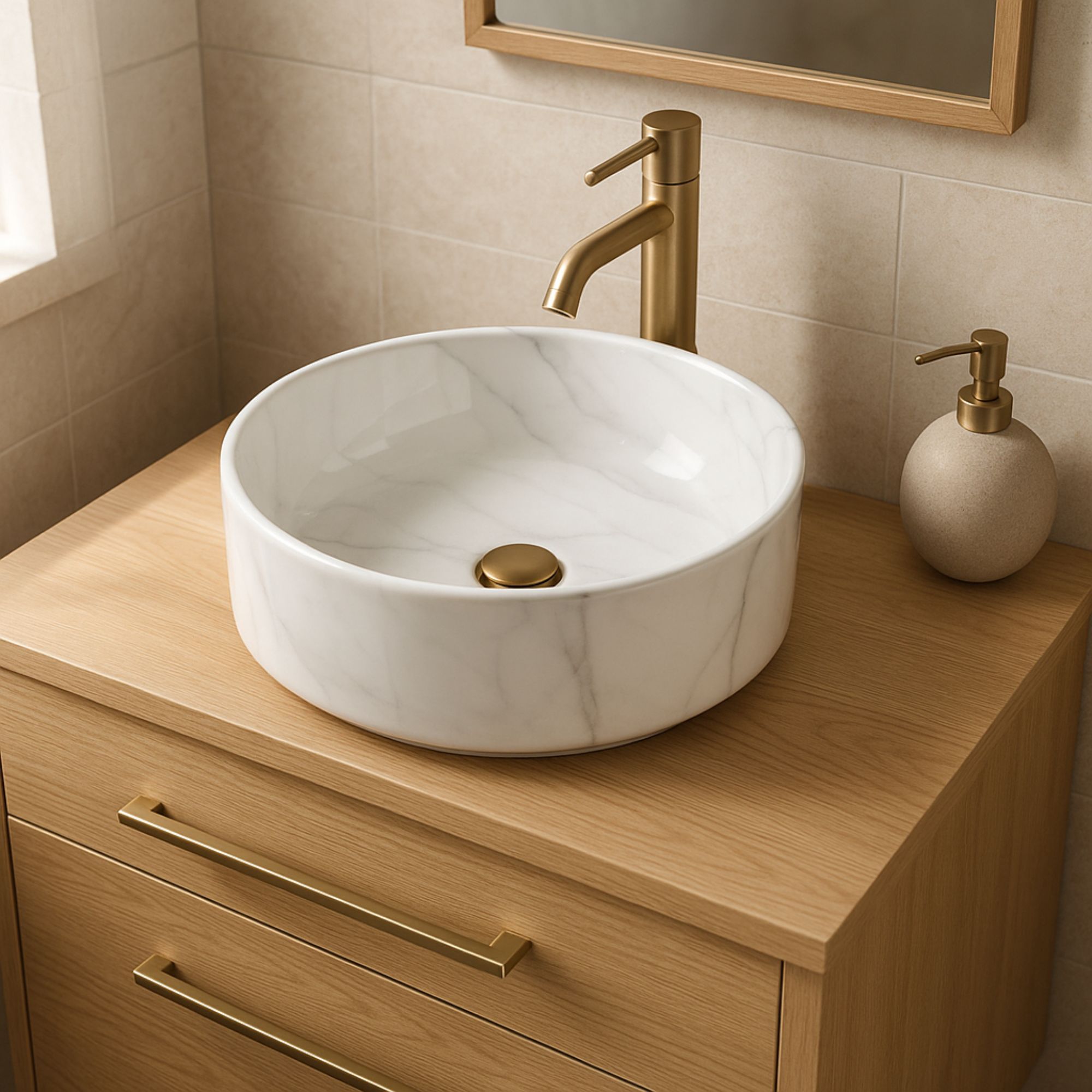 Lavabo tondo da appoggio ceramica effetto marmo Teide 40x12 cm - immagine 2
