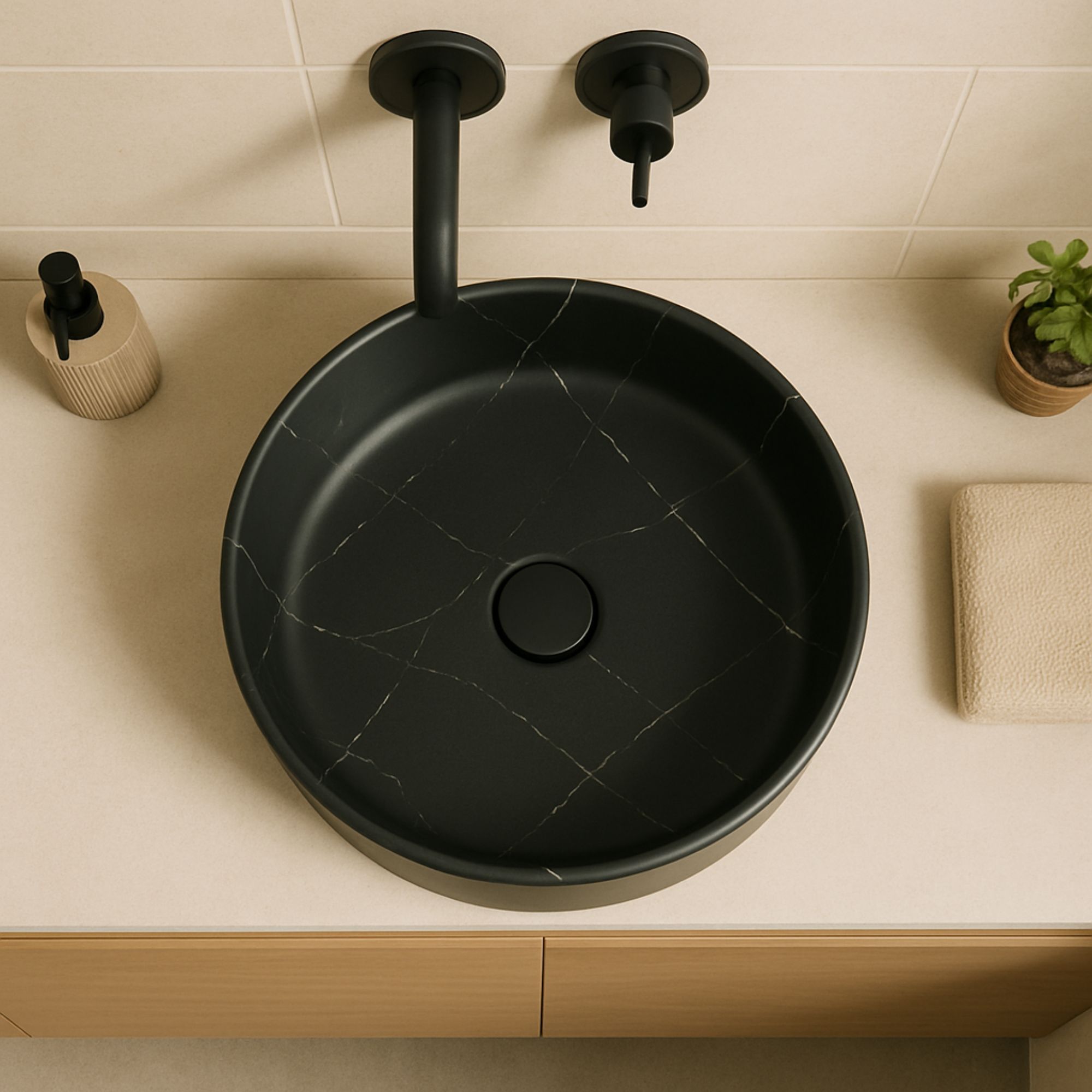 Lavabo tondo da appoggio effetto marmo nero Teide 40x12 cm - immagine 3