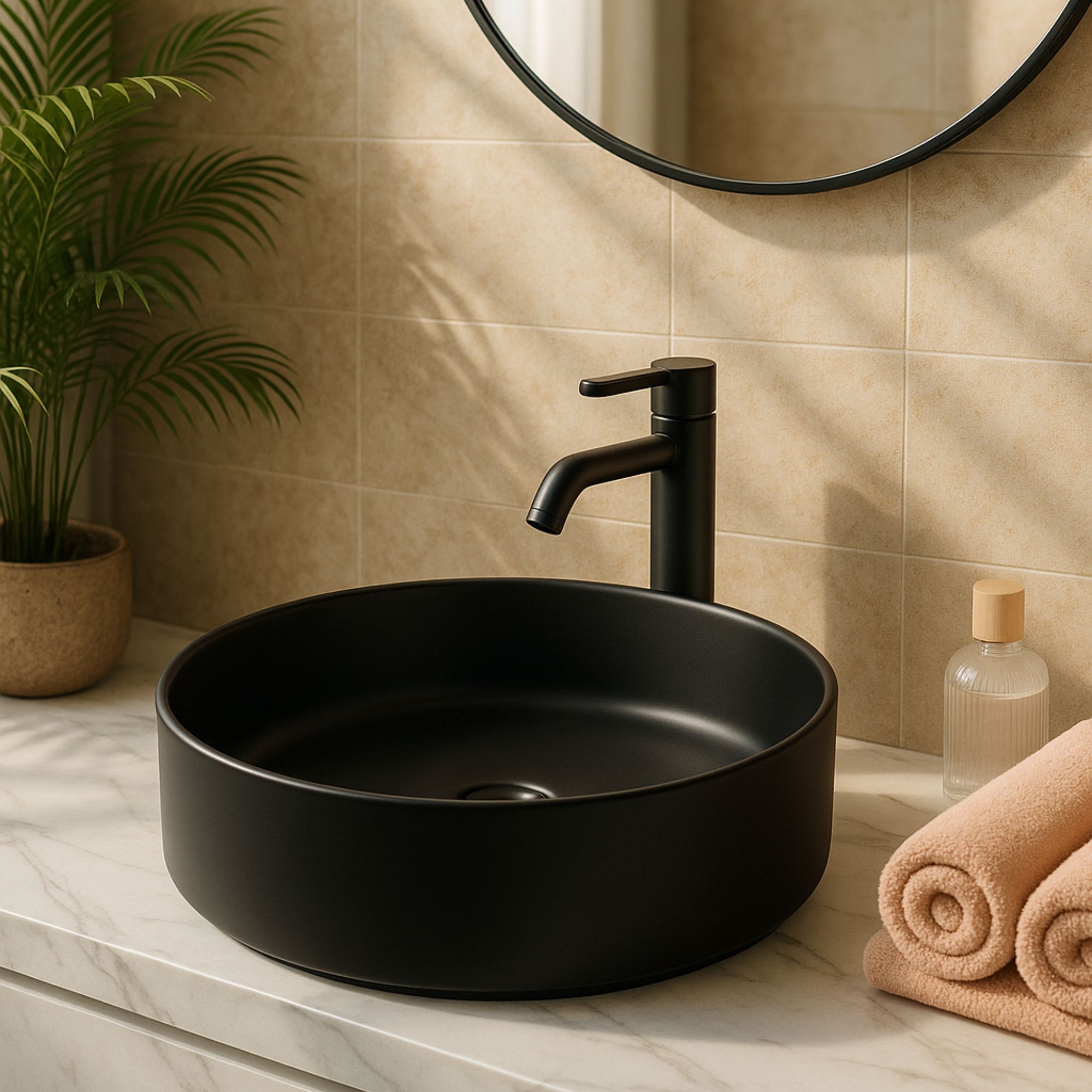 Lavabo tondo da appoggio effetto marmo nero Teide 40x12 cm - immagine 2