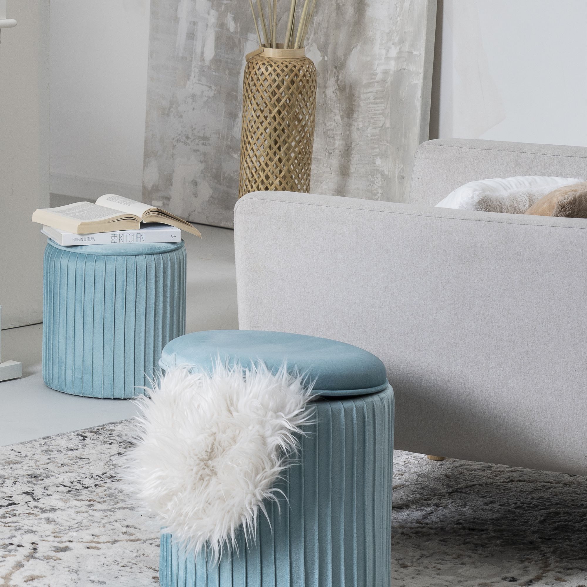 Set di 2 pouf Contenitori velluto Tik Tak Azzurro - immagine 2