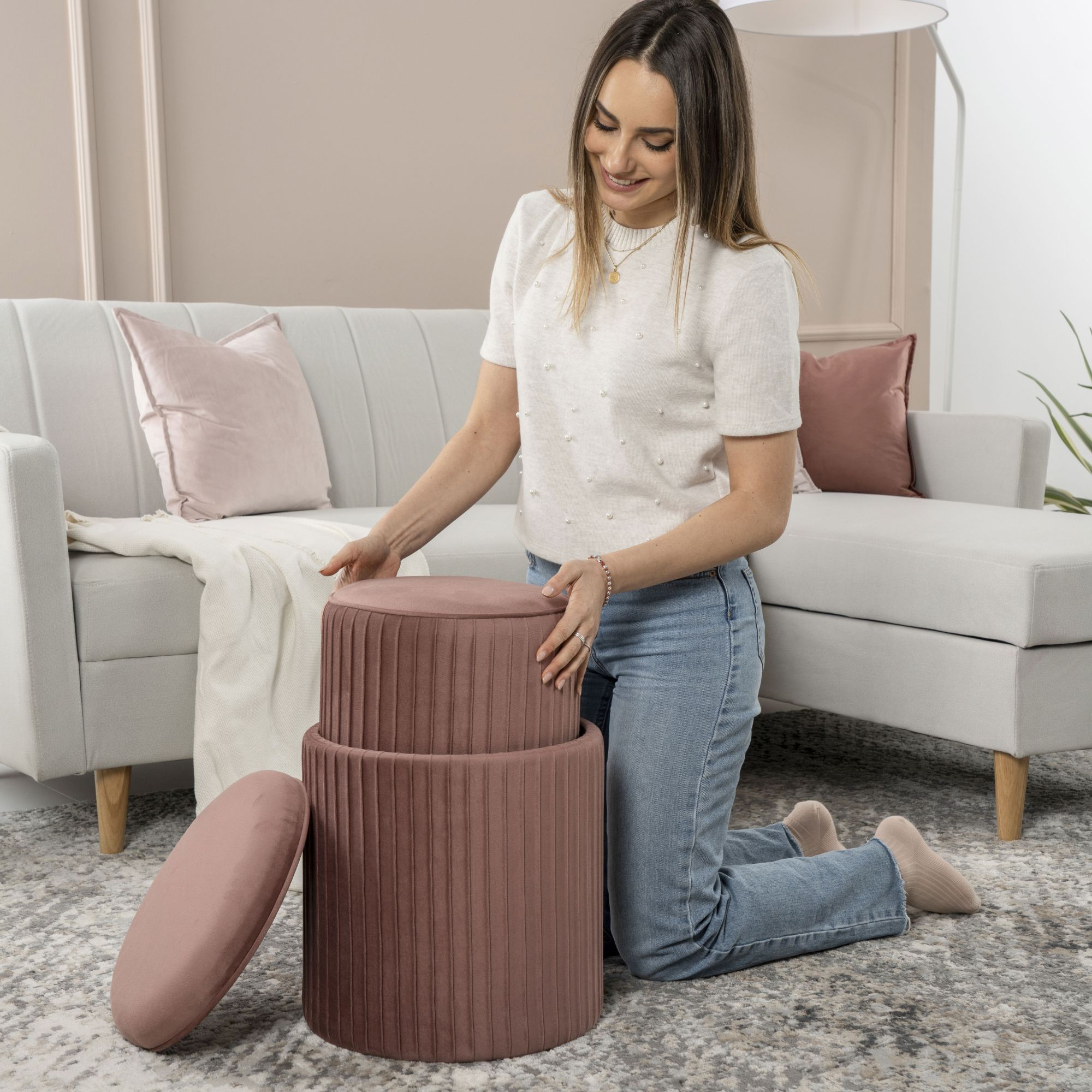 Set di 2 pouf Contenitori velluto Tik Tak Rosa Antico - immagine 2